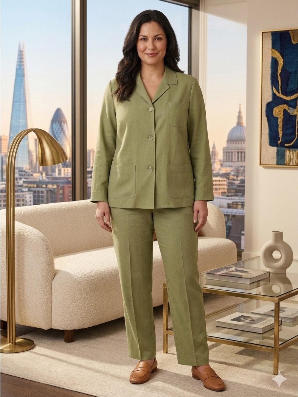Pendleton Olive Green Button-Up Blazer & Pull On Pants Suit Set Size 18w Vintage